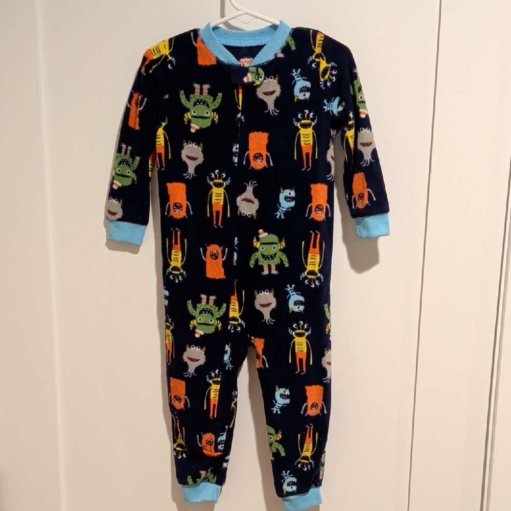 Carter's Navy Monster Print Fleece One-Piece Footie with Light Blue Trim